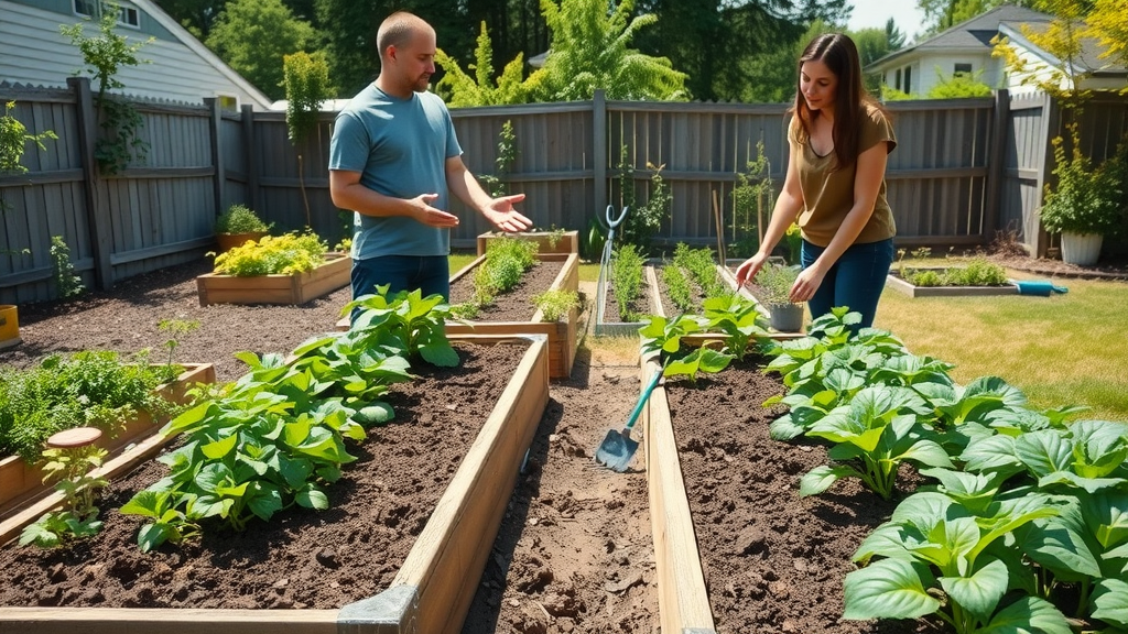 contrasting raised garden beds and traditional soil plots, people discussing both options, evaluating the best garden site for their needs