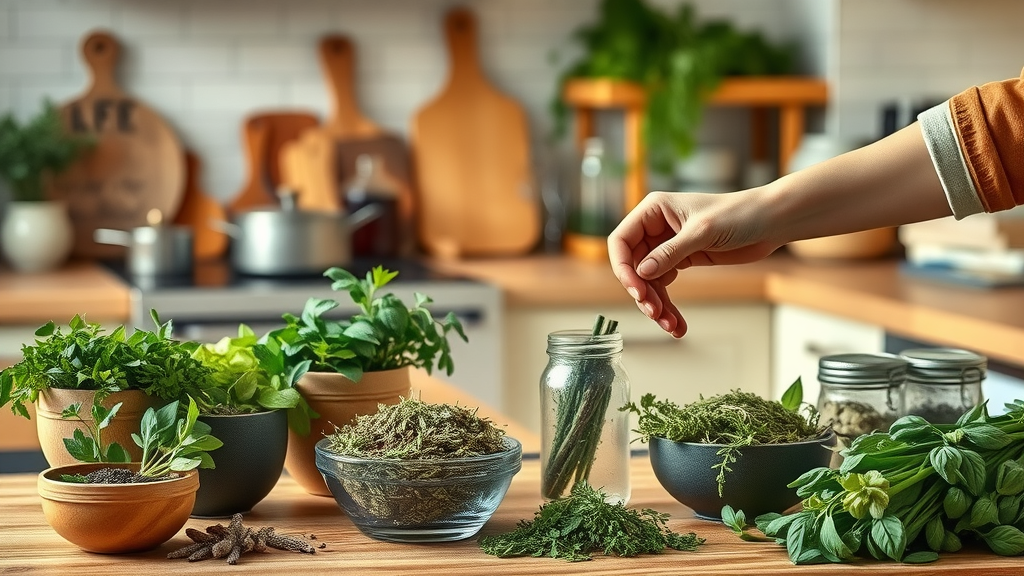 inviting kitchen countertop with bowls and jars of dried and fresh herbs, storing herb gardening harvest