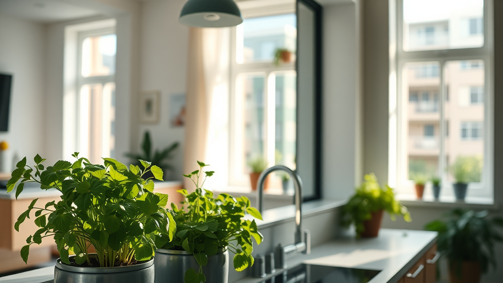 modern indoor kitchen herb gardening, herb planters on sunlit windowsill, thriving raised garden style