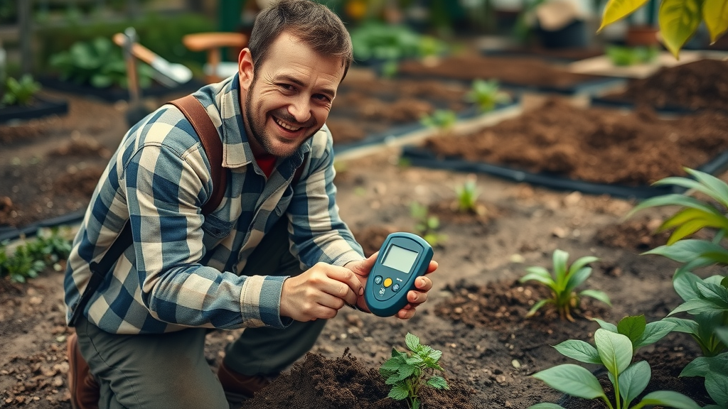 knowledgeable gardener testing soil with pH meter in vegetable garden, ensuring the right soil type for vegetable production