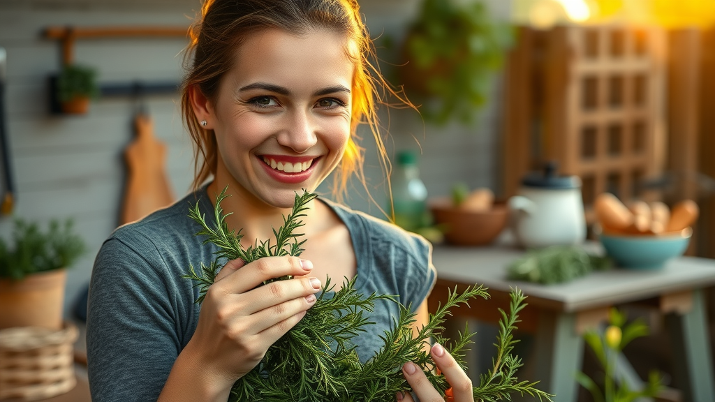 cheerful home cook harvesting fresh rosemary from herb gardening, rustic outdoor kitchen background