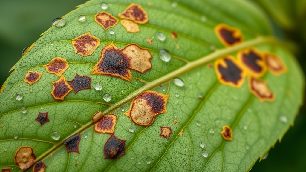 extreme closeup of leaf with leaf spot, gray mold, and yellowing, fungal disease, summer garden