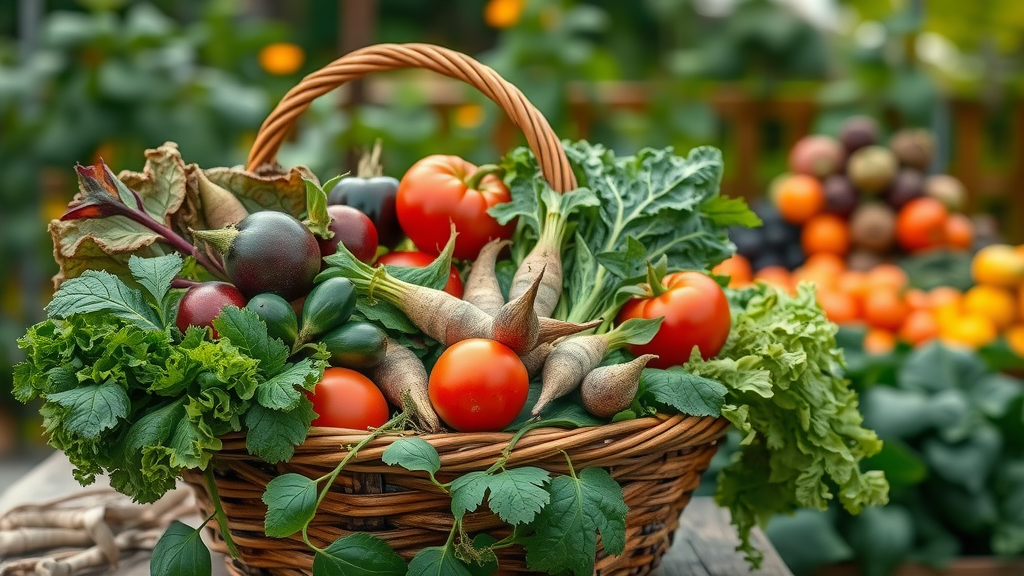 Freshly picked basket of leafy greens, root crops, and tomatoes for beginner vegetable gardening