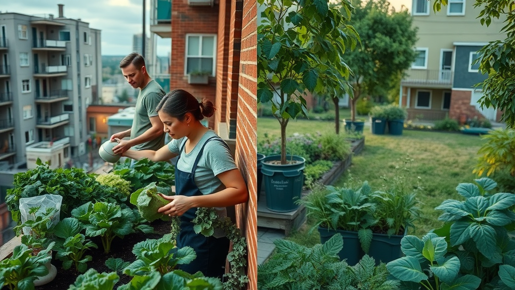 urban balcony vegetable garden split scene with spacious suburban backyard, people tending vegetables, demonstrating optimal garden sites in both environments