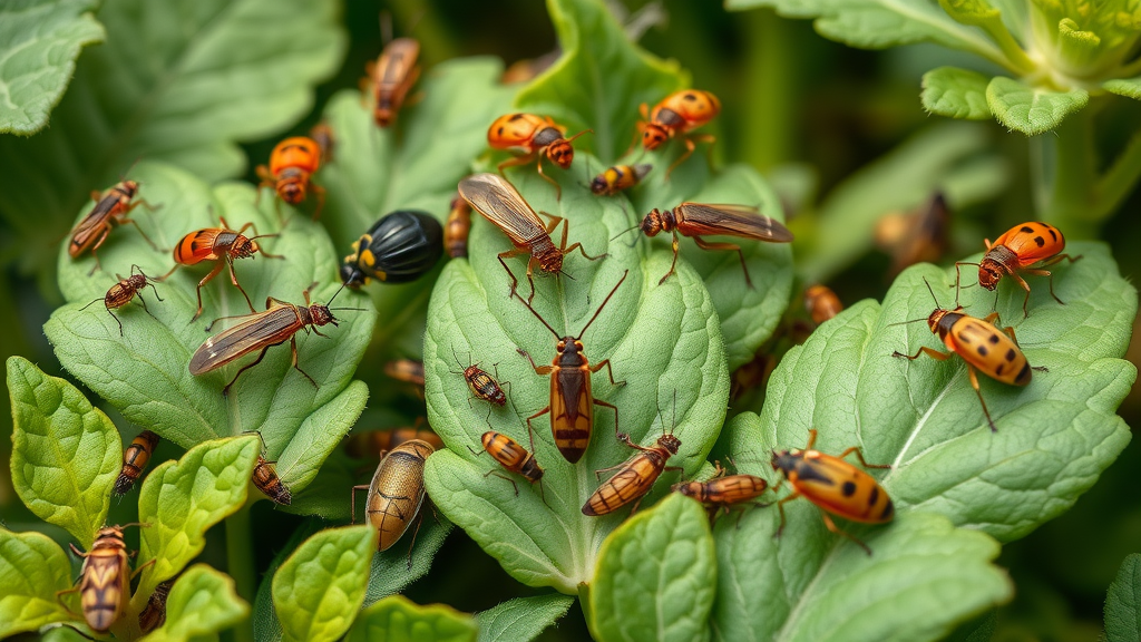assortment of common garden pests on various vegetable plants, macro view in a thriving garden environment