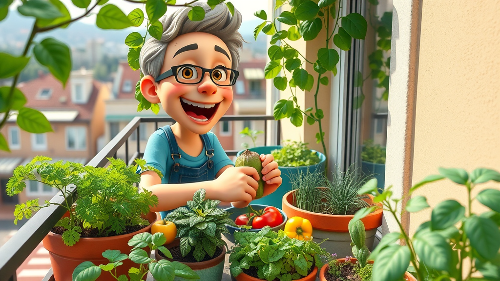 colorful container garden on balcony with vegetables and herbs, requisites of the home vegetable garden