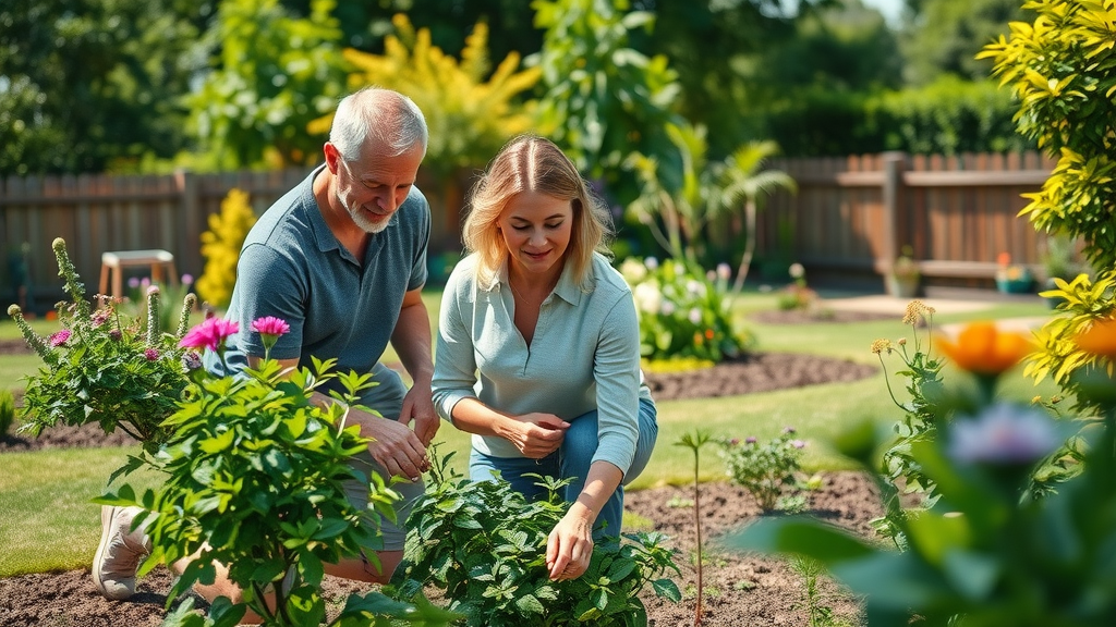 homeowners examining serene backyard garden spots for optimal placement, vibrant flowers and fresh soil in lush green backyard with mixed sun and shade, picking the ideal location for your garden