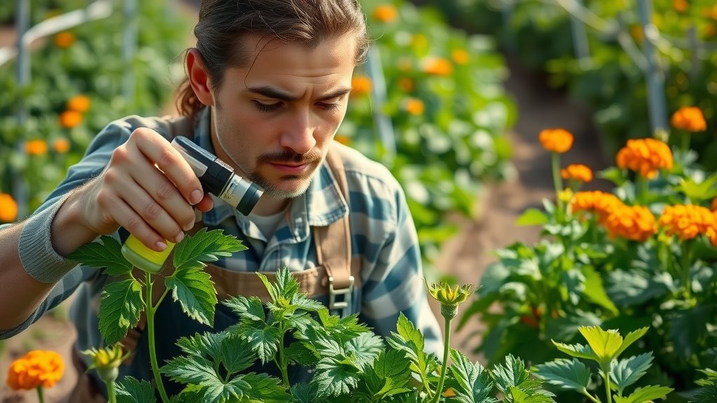 Gardener applying organic pest control to vegetables, demonstrating natural vegetable gardening pest management practices