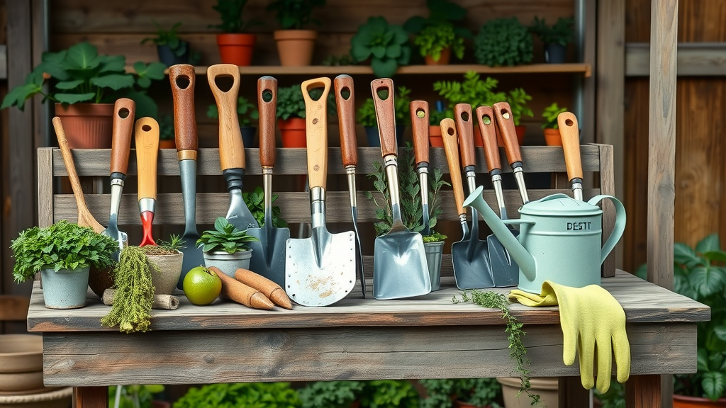 display of essential gardening tools for starting a vegetable garden, requisites of the home vegetable garden