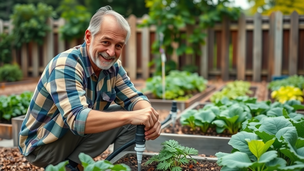 dedicated gardener adjusting drip irrigation in raised vegetable beds, requisites of home vegetable garden