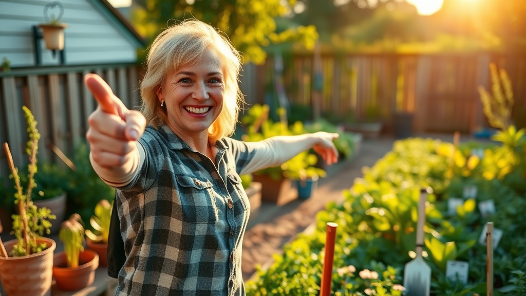 cheerful gardener excitedly marking sunny vegetable patch, thriving and magical garden, best location for your garden