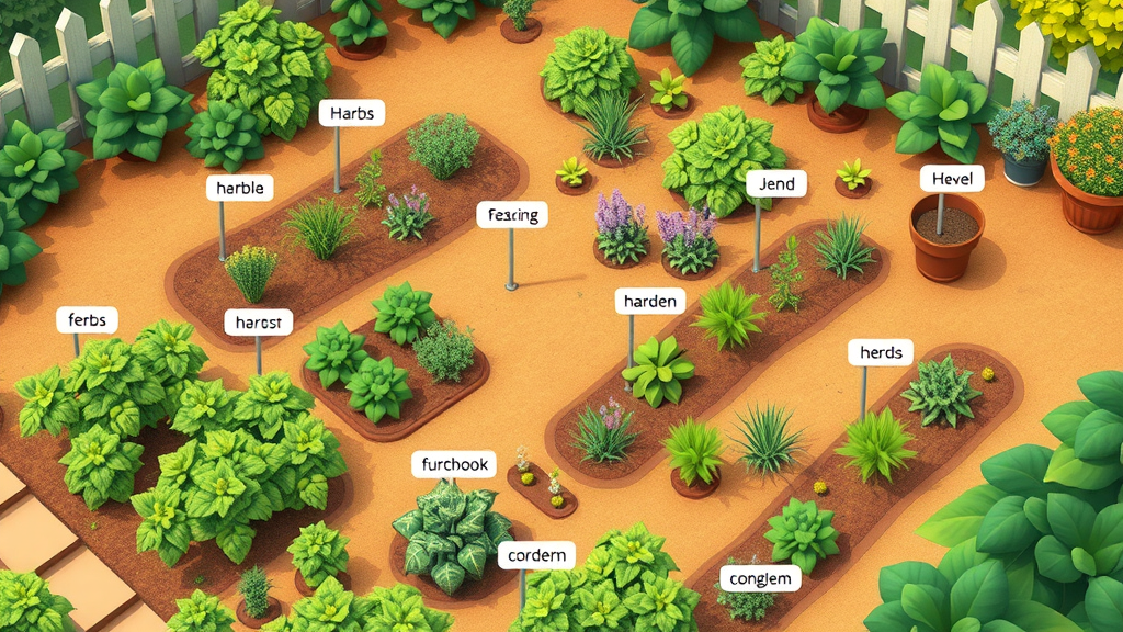 vibrant herb garden plot layout illustration, plant family pairings, garden bed inspiration