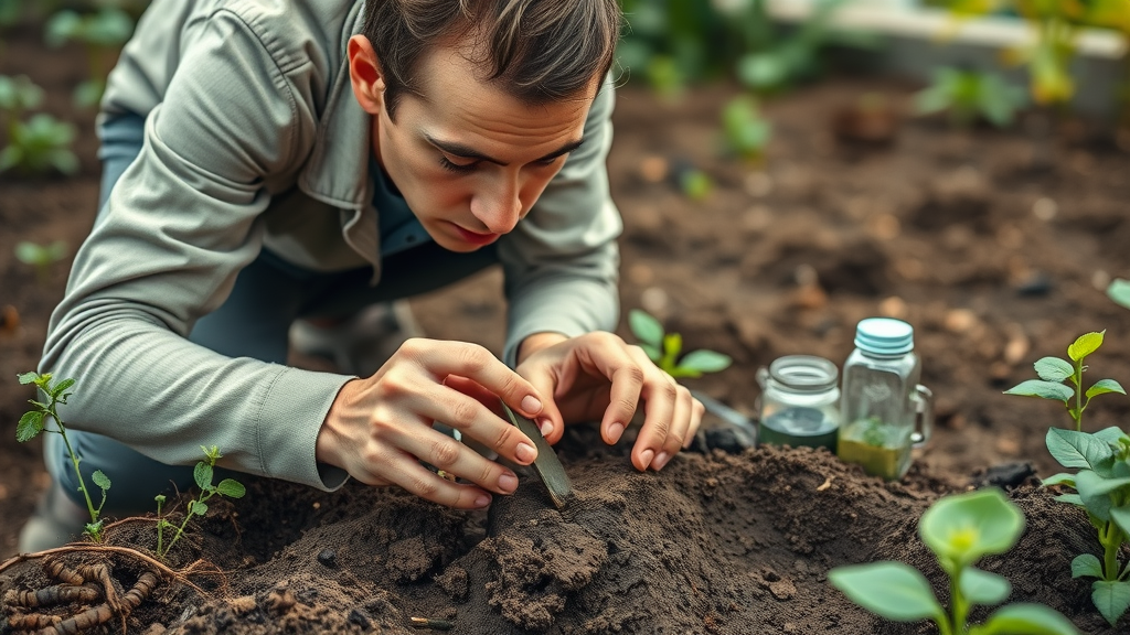 gardener performing garden soil test, examining earth with soil test kit for vegetable garden planning