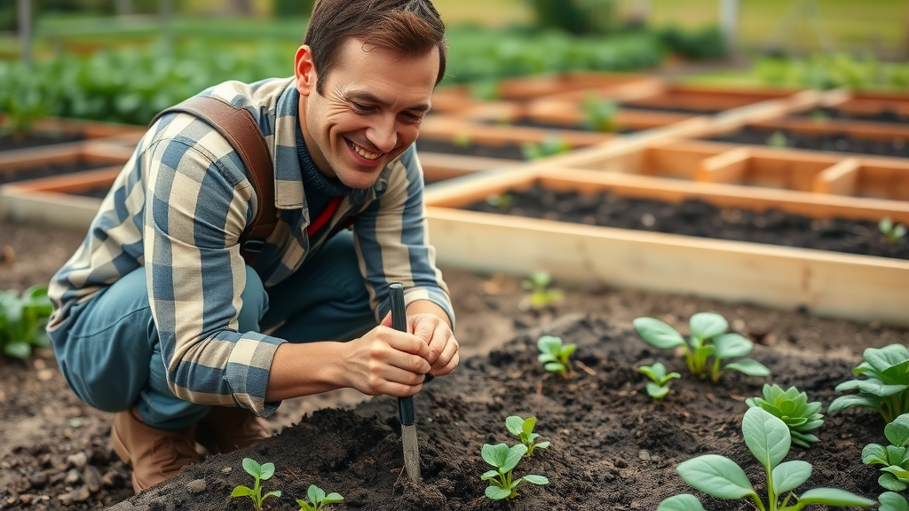 Gardener performing soil testing in vegetable garden bed, crucial for vegetable gardening success