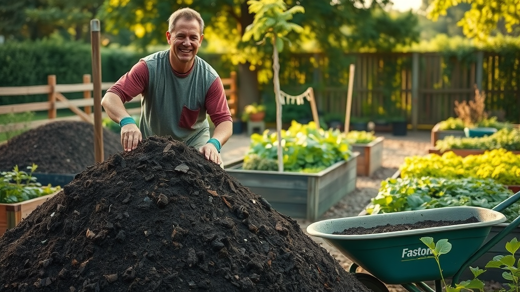 home gardener turning compost pile near vegetable beds, requisites of the home vegetable garden