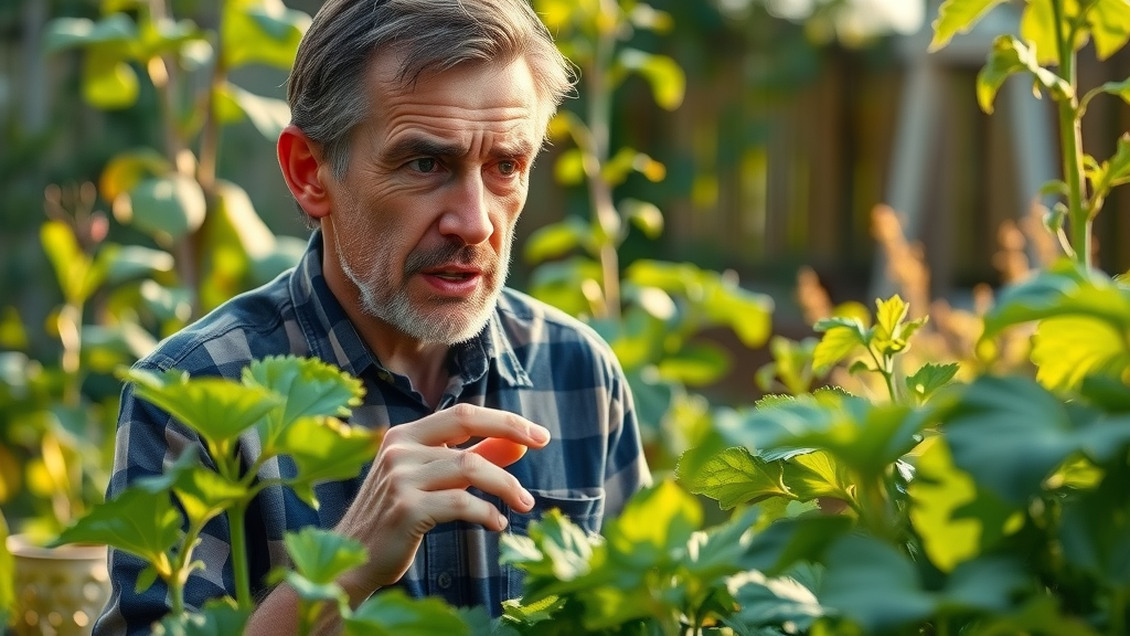 troubled vegetable gardener observing pest-damaged vegetable plants in a backyard garden, with sunlight filtering through foliage.