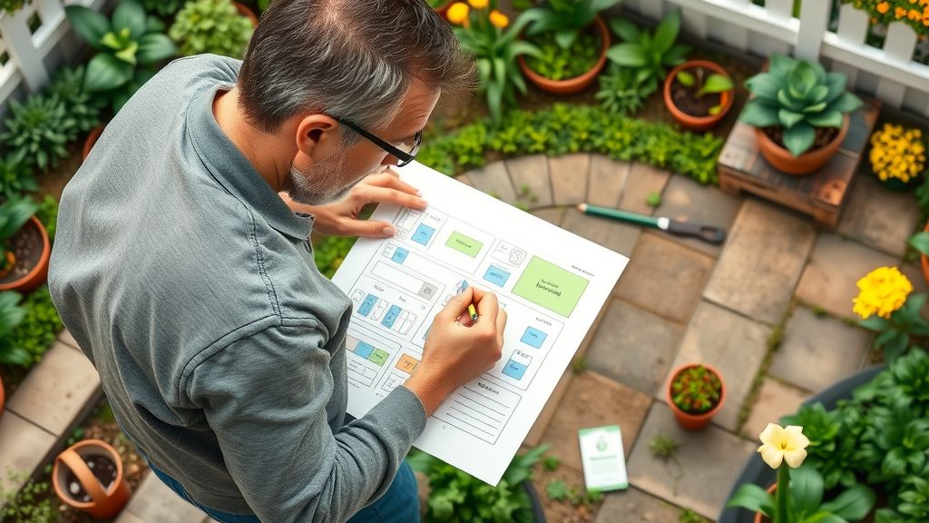 meticulous gardener reviewing a detailed garden plan for a home vegetable garden, mapping out planting zones for efficient vegetable production