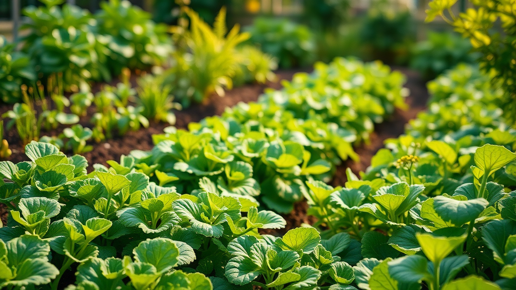 lush, diverse home vegetable garden in full bloom with vibrant and thriving plants, showing a peaceful gardener tending vegetable crops. the cultivation of vegetables in an organized backyard plot with green rows and dewy leaves