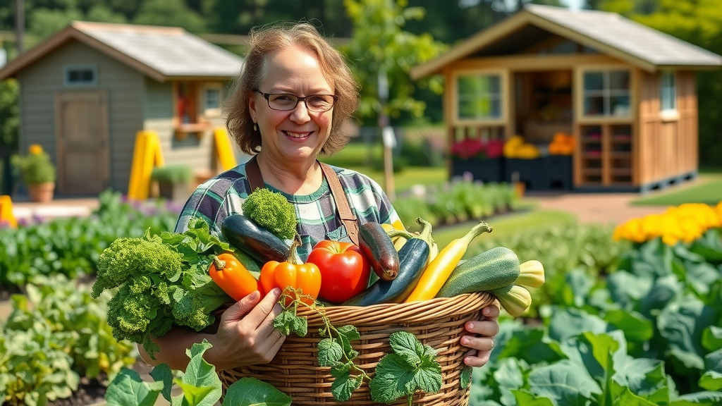 gardener harvesting colorful basket of ripe vegetables, requisites of the home vegetable garden