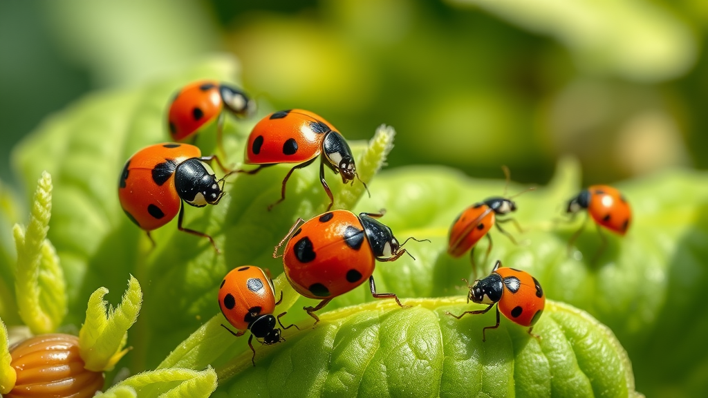 close-up of ladybugs and lacewings on pest-infested vegetable plant leaves in bright daylight