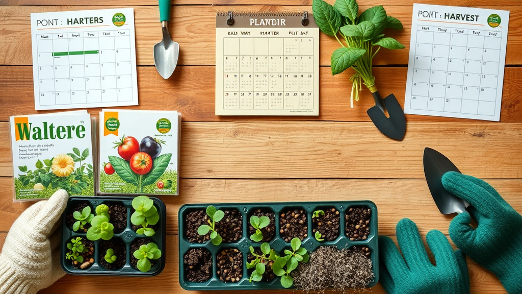 flatlay of seed packets, starter trays, and wall calendar showing sowing dates, requisites of the home vegetable garden