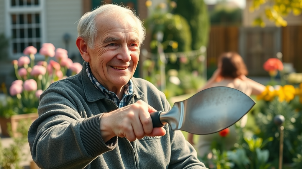Elderly gardener using ergonomic garden tool in home garden; picking the right gardening tools