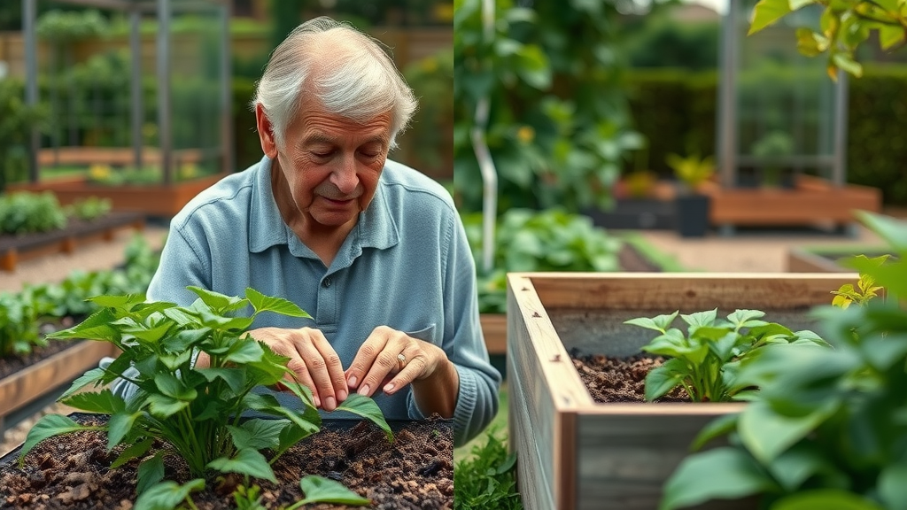 Infographic illustration of seniors using accessible raised garden beds at various heights, in a community garden, seniors with walkers and wheelchairs smiling and gardening together.