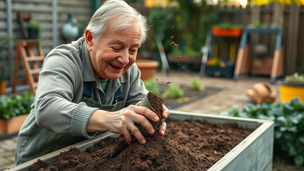Senior joyfully pouring enriched soil into a raised vegetable box with family, preparing for planting in a sunlit backyard garden designed for elderly gardeners.