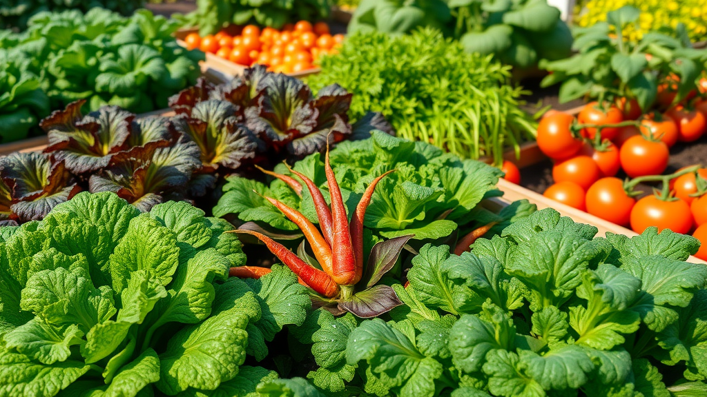 Selection of thriving, easy-to-grow vegetables including lettuce, carrots, and tomatoes in raised vegetable boxes for seniors, lush green and colorful, ready for harvest.
