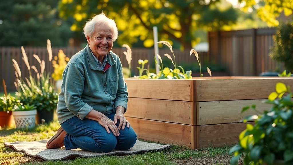 Senior kneeling by an ideal-height raised vegetable box in a sunny garden, showing comfortable access for raised bed gardening.